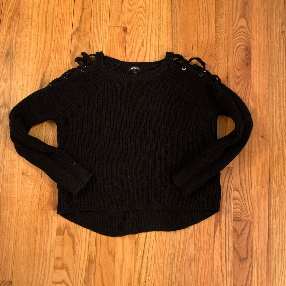 Black express sweater with shoulder detail